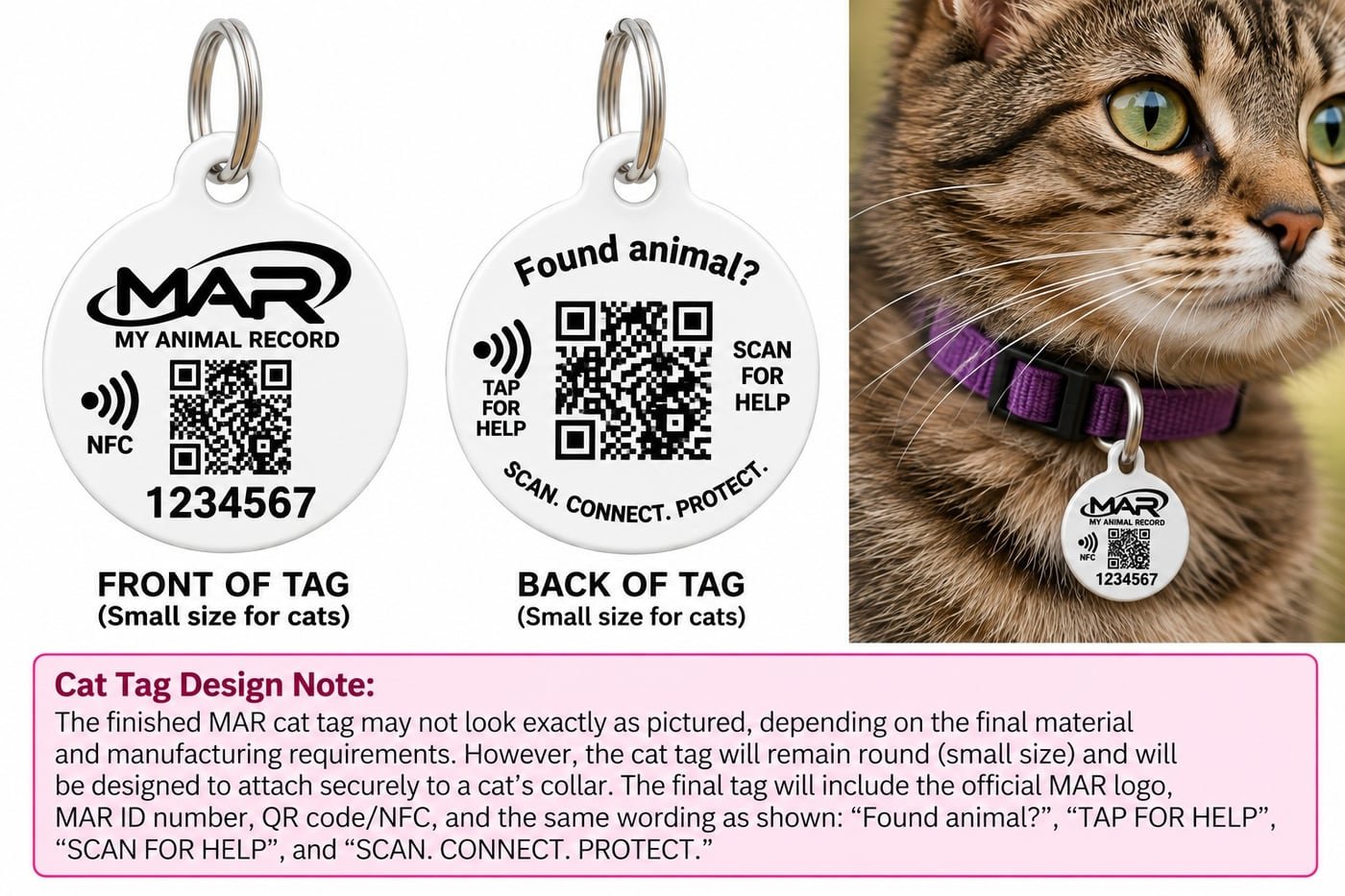 MAR cat tag — front and back example design and design note