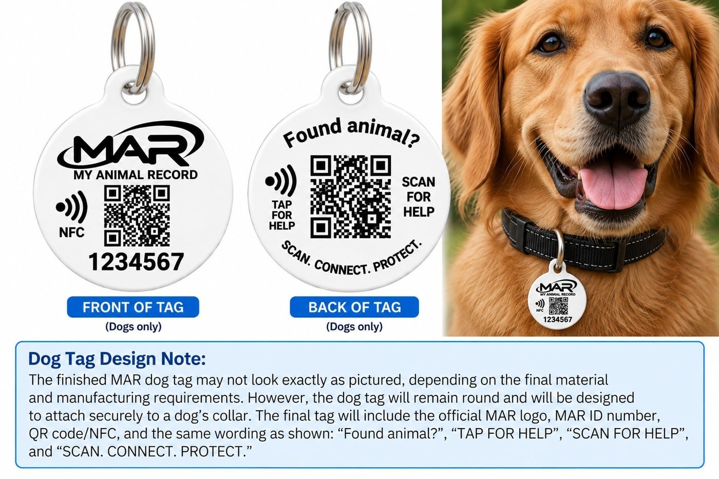 Physical Dog Tag (optional) — front and back example design and design note
