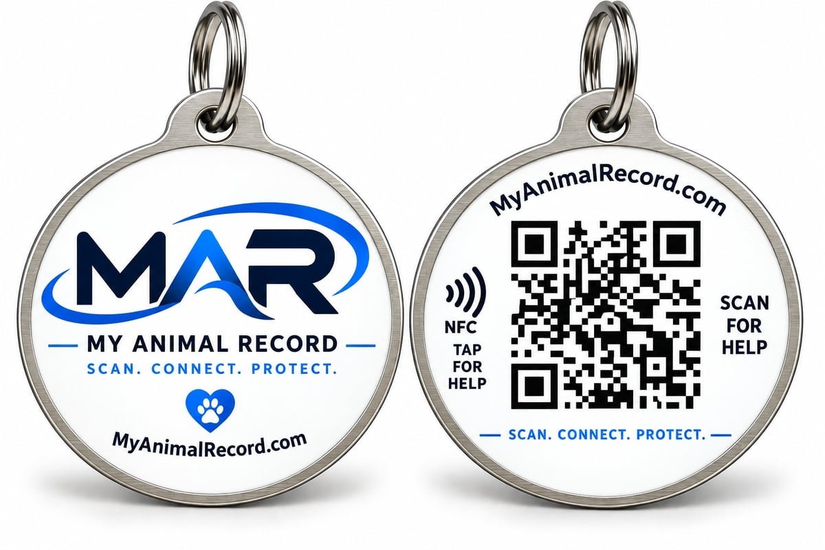 Example MAR physical tag, front and back: MAR logo, QR code, NFC and the MyAnimalRecord.com address.